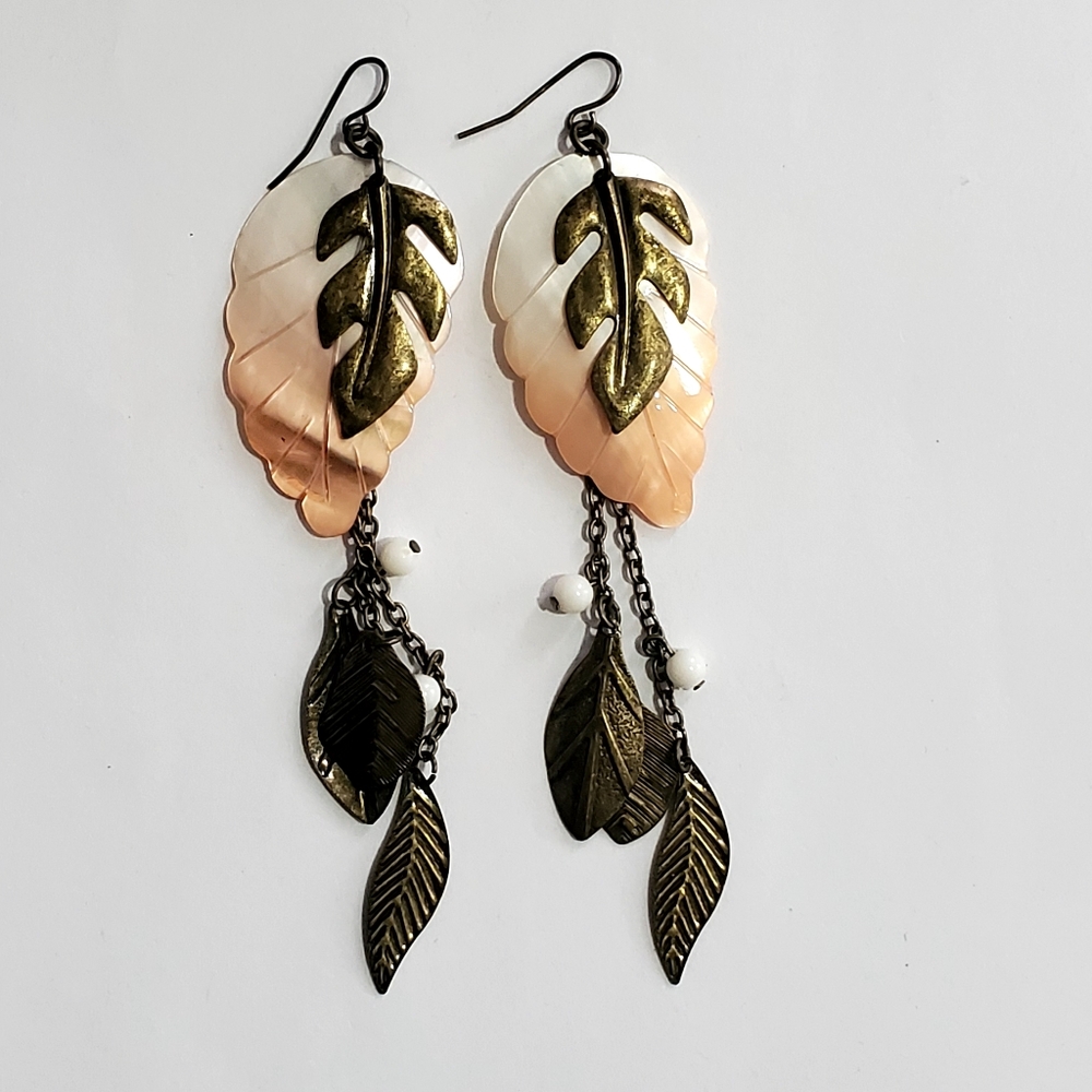 Bronze leaf and mother of pearl Lightweight Long dangling earrings 5" long
